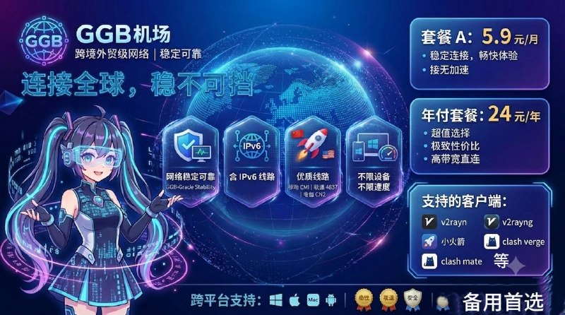 ⭐GGB加速服务，您的备用首选购买 🛒【立即体验】月度计费5.9元/月年付最低24元/年🔥Aff返佣高达50🛍，注册即送3天试用🌎套餐含IPV4与IPV6节点🎯 官方频道 ·🛒 立即注册#广告