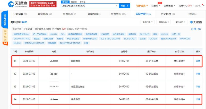 #B站关联公司申请“霹雳霹雳”、“噼哩噼哩”商标天眼查App显示，近日，#B站 关联企业上海幻电信息科技有限公司申请注册“霹雳霹雳”、“噼哩噼哩”商标，国际分类涉及广告销售、科学仪器，申请日期为2021年3月，目前商标状态为“商标申请中”