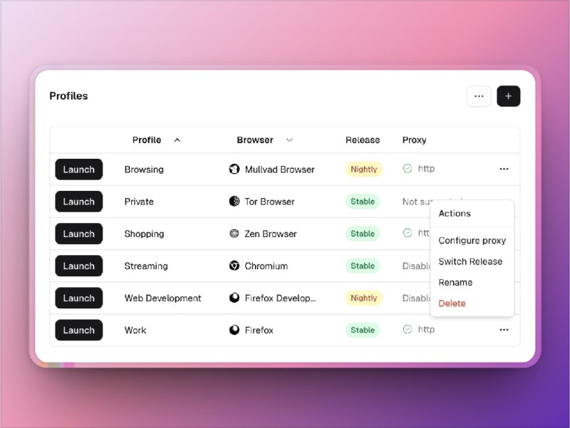 🔖 Donut Browser | 多开隔离+代理管理，一站搞定多账号浏览器　适合多账号、多环境、多代理需求的用户神器，每个账号都能独立一个浏览器环境，登录状态、历史记录、插件配置互不干扰，还能一键切换不同代理，适配 Twitter/FB/IG/X用户高强度使用，支持 Mac & Linux，Windows 也快来了　别再切账号切到崩溃了，一个浏览器全搞定，谁还反复登录注销啊？📬 官网 | 🐙 donutbrowser标签：#DonutBrowser #浏览器多开 #账号多开 #代理切换 #浏览器 #多开📮 频道 | 🪧 群聊 | ✨ 中文包