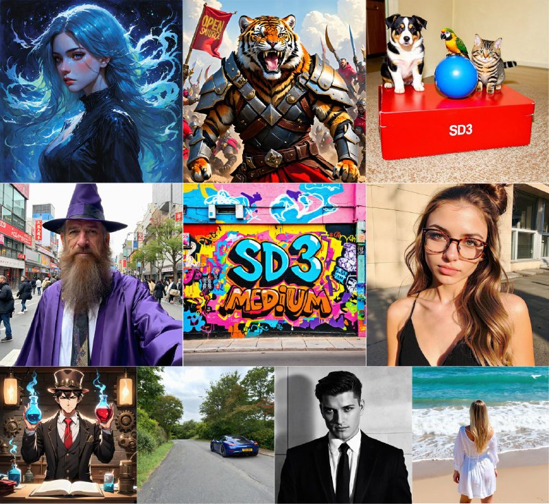 🤡 Stability AI ▎Stable Diffusion 3 Medium正式开源😹  软件简介：   Stable Diffusion 3 Medium现已开源，这是 Stable Diffusion 3 系列中最新、最先进的文本转图像 AI 模型！SD3 Medium 模型包含 20 亿个参数，能够生成更高质量、更细腻的图像