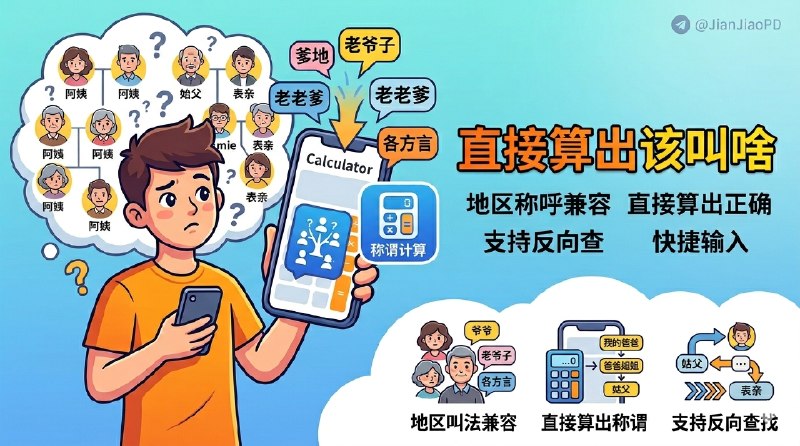 ✈️ 中国家庭称谓计算器 | 亲戚不会喊时，直接算出该怎么叫🏷 检索标签：#中国家庭称谓计算器 #亲戚称呼 #家庭关系 #春节必备 #称谓查询 #relationship⭐️ 详情介绍：它不是让你去背整套亲属关系，而是把“这人到底该怎么喊”这件事直接算出来，尤其适合过年回家、平时来往不算太密但又必须开口的人　 它做得比较细的一点，是输入时兼容不同地区叫法，像老爸、爹地、老爷子这类都能认；不想手打也能直接点快捷关系按钮往下拼，另外还支持反向查称呼🔎 官网 · 📞 在线体验📖 GitHub · relationship😌频道 |🙂群聊 |😋中文包 |☺️搜索