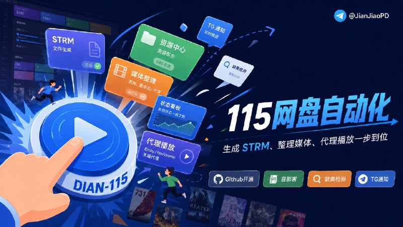 ✈️ 开发者自荐 | DIAN-115：115 网盘媒体自动化工具🏷 检索标签：#DIAN115 #115网盘 #Emby #刮削⭐️ 详情介绍：DIAN-115 是一套自部署的 115 网盘媒体管理平台