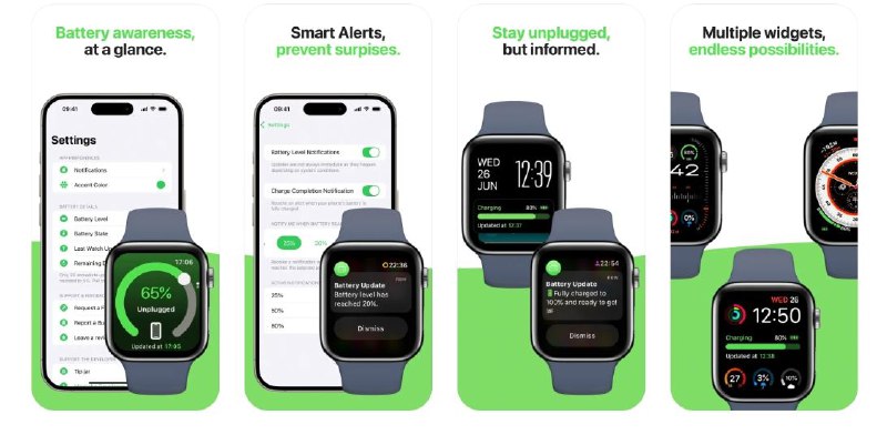 限免App Store应用：Unmediaged： 跟踪电池寿命 ▎Apple Watch 上的电池小组件🗯 软件详情：该应用程序让您只需快速浏览一下即可轻松跟踪手机的电池状态