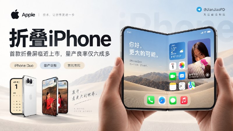 🏛 iPhone Duo | 苹果首款折叠屏临近上市，但量产良率目前仅六成多   ✈️ 距离正式发售只剩一个多月，苹果首款折叠屏手机 iPhone Duo 的供应链仍处于量产调整阶段