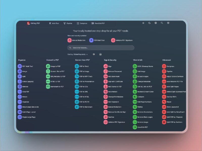 🔖 Stirling‑PDF | 开源 PDF 多功能工具箱　Stirling‑PDF 是一款自托管的开源 PDF 平台，支持 合并、拆分、加密、OCR、压缩、格式转换 等 50+ 功能，适合处理重要文档且无需担心隐私泄露