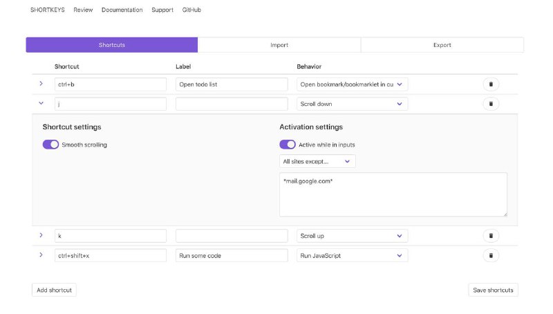 🕷 Shortkeys：『浏览器插件』自定义键盘快捷键和JavaScript脚本🗣️💰【应用标签】：#Shortkeys #JavaScript #插件📰【软件简介】：  使用快捷键可以轻松地向浏览器添加自定义快捷方式，从后退/前进和滚动等基础操作到运行书签和自定义 JavaScript，支持edge🌐、Chrome🌐、FireFox🌐、Opera🌐﻿🥶『 Shortkeys官网』😨 『Shortkeys项目地址』➖➖➖➖➖➖➖➖➖🦊 频道    📖讨论组   📺投稿Bot