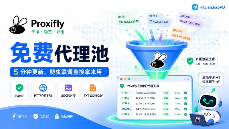 ✈️ Proxifly | 每 5 分钟更新免费代理，爬虫不用逐个测试🏷 检索标签：#Proxifly #代理 #爬虫 #代理列表 #代理池⭐️ 详情介绍：Proxifly 持续收集并验证公开代理，每 5 分钟更新一次，再按 HTTP、HTTPS、SOCKS4 和 SOCKS5 分类