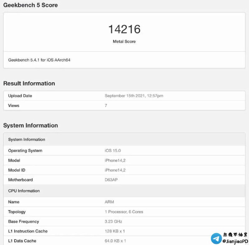 【iPhone 13 Pro 跑分曝光】据 MacRumors，iPhone 13 Pro 的首个 Geekbench 跑分已经出现