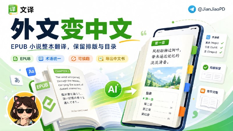 ✈️ 文译 | 把外文 EPUB 小说翻成中文电子书🏷 检索标签：#文译 #AI翻译 #翻译 #小说  #EPUB #电子书 ⭐️ 详情介绍：文译是一个面向长篇小说的 AI 翻译工具，可以把 EPUB、FB2、TXT 小说翻译成中文