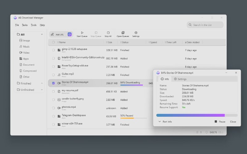 ⬇️AB下载管理器 ▎任何视频文件都可以下载的软件工具「支持Windows和Linux平台」同时支持浏览器插件可搭配使用🗣️👥【支持平台】：#Windows #Linux  📱【应用标签】：#ABDM #下载 #视频 #下载工具 #文件 #扩展程序  #ABDownloadManager💻【软件简介】：  ⭐️ 更快的下载速度  ⏰ 队列和调度程序  🌐 浏览器扩展  👨‍💻 多平台（目前为 Windows / Linux）  🪩 具有现代 UI 的多个主题（深色/浅色）  💞免费和开源🔗Chrome插件 😍FirFox插件📦Windows版下载：点我直达😀😹ABDM项目：点我直达😀  ➖➖➖➖➖➖➖➖➖🦊 频道    📖讨论组  ☁️ 投稿Bot