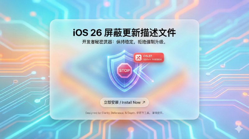 📣 iOS 26 描述文件屏蔽更新 | 一键阻止系统自动升级以保留当前环境🖼 标签：#iOS描述文件 #更新屏蔽 #配置文件 #系统更新 #系统升级 #iPhone技巧📱 简介：如果你想阻止 iPhone/iPad 升级到 iOS 26、保留当前系统环境不被系统推送打断，这个 描述文件屏蔽更新配置就是最直接的办法——它通过一个定制的 mobileconfig 描述文件 让设备不再接收 iOS 26 的推送升级通知，对于有一定版本锁定需求的用户来说，能实现“我自己决定什么时候升级，而不是系统自己来”的控制权　 💬 小编有话说：想保留某个版本不被动更新，比强调“不升”重要的是你心里有个底🍏 描述文件下载😌频道 |🙂群聊 |🤓中文包 |🚇搜索