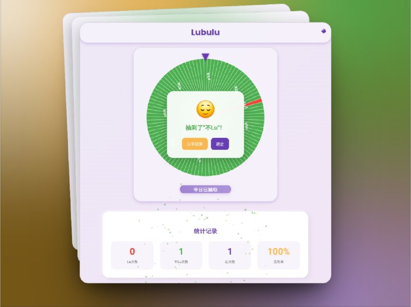 🔖 Lubulu | ‘‘打飞机’’趣味决策转盘　Lubulu 是一款专为 健康生活和自律管理 打造的 趣味决策工具，通过 99 等分概率转盘，把“要不要撸”的纠结变成 有仪式感的小挑战