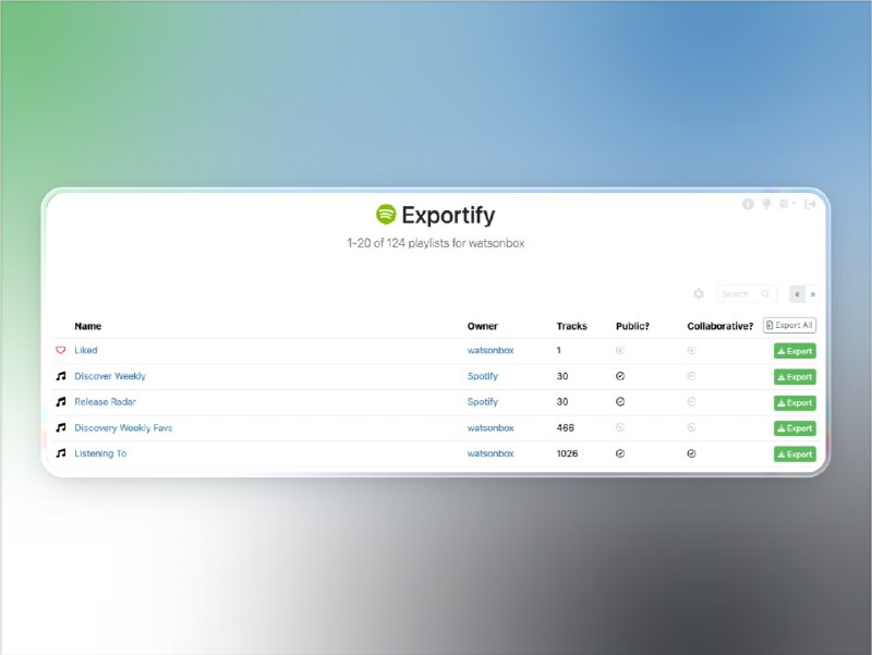 📣 Exportify | Spotify播放列表一键导出工具 轻松备份你的音乐收藏🖼 标签：#Exportify #Spotify导出 #播放列表备份 #音乐 #CSV📱 简介：Exportify 是一款基于 Spotify Web API 的 免费在线工具，可快速 导出、备份 并 管理Spotify播放列表