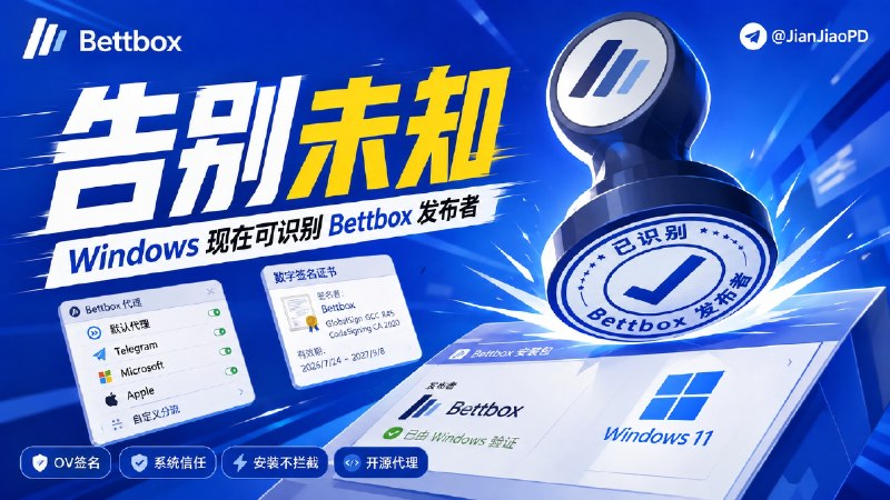 ✈️ Bettbox | 重大更新•目前唯一一个在Windows版正式加入数字签名的Mihomo开源代理客户端🏷 检索标签：#Bettbox #Mihomo #ClashMeta #FlClash #Windows #代理客户端 #VPN #代理工具⭐️ 详情介绍：Bettbox 是一款使用 Mihomo（Clash Meta）内核、基于 FlClash 二次开发的多平台代理客户端