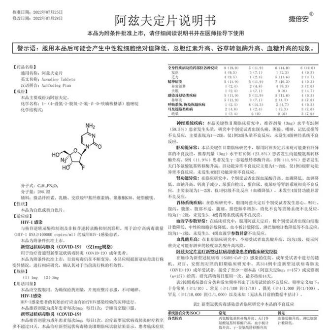 ⭕️⏺🗣新冠口服药阿兹夫定片线上开售, 每瓶售价350元近日，#河南真实生物科技有限公司 生产新冠口服药阿兹夫定片已在国内部分药店正式线上开售，目前每瓶售价350元，每瓶35片