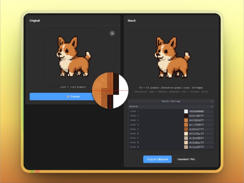 🔖 unfake.js | 专为像素艺术打造的 AI 图像清洁器　用 AI 生成像素图总是遇到像素尺寸错乱、颜色溢出、边缘发糊？这个工具就是专治这些后遗症的！基于 OpenCV.js + 图像处理算法，可自动修正尺寸、清理 artifacts、优化调色板、输出 SVG，还自带交互式调色板编辑器，在线拖图即用，效率直接拉满　AI 画图很会乱搞，但 unfake.js 更擅长擦屁股🌐 在线体验 I 🐙 unfake.js标签：#unfakejs #AI #像素图 #AI图像清理 #图像📮 频道 | 🪧 群聊 | ✨ 中文包