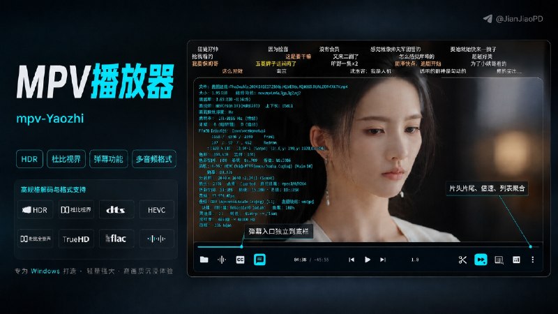 ✈️ 开发者自荐 | mpv-Yaozhi：Win端•高画质MPV视频播放器，支持HDR、杜比视界和弹幕功能等🏷 检索标签：#mpvYaozhi #mpv #视频播放器 #播放器 ⭐️ 详情介绍：mpv-Yaozhi 基于 mpv 与 dyphire/mpv-config 持续维护的Win端第三方mpv高画质播放制作的整合包，不用您再折腾MPV配置，其中播放器的核心、配置和常用脚本作者已经打包整理好，解压后即可直接使用   📱 它重点增强了 HDR 与 Dolby Vision 播放，同时支持 HDR10、HDR10+、HLG、HDR Vivid 识别，以及中文界面、弹幕、播放历史和片头片尾等功能，不需要再从零配置 mpv💻 Github· 💻 下载 ·  💬 官频✈️ 来源：@Rouneed 开发者😌频道 |🙂群聊 |😋中文包 |☺️搜索