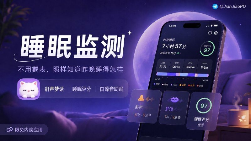 ✈️ 开发者自荐 | 限免内购应用•睡眠岛：睡眠监测App 不戴手表也能记录睡眠和鼾声🏷 检索标签：#睡眠岛 #白噪音 #助眠 #睡眠监测 #鼾声记录 #冥想放松 #限免⭐️ 详情介绍：睡眠岛是一款睡眠记录 App，不戴手表也能用，手机放在床头或床垫旁边，就能做睡眠监测，它的鼾声梦话记录是本地离线触发式录音，不是整晚一直录；睡前也能放白噪音，入睡后声音会慢慢降下来，不会像普通定时器那样突然停掉💬小声叨叨：作者说经过几个月的打磨App 相比之前已经非常完善