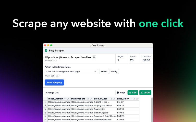 🔖 Easy Scraper | 一键抓取网页表格数据的浏览器插件　这款 Chrome 插件支持一键提取网页中的表格数据，可导出为 Excel 或 CSV，操作简单、无需写代码，适合电商、数据党、信息采集等场景，抓网页内容就像复制粘贴一样轻松　别再手动扒网页了，这玩意点一下就能全带走，省事到离谱🌐 Easy Scraper标签：#EasyScraper #网页数据抓取 #表格提取 #采集 #扩展程序 #插件📮 频道 | 🪧 群聊 | ✨ 中文包
