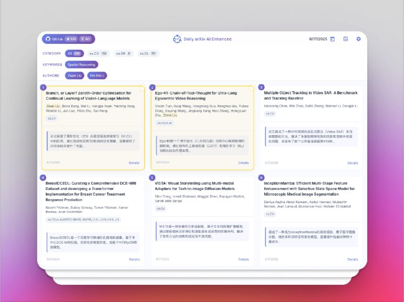 🔖 daily-arXiv-ai-enhanced | AI 自动总结 arXiv，每天看论文像刷新闻　看 arXiv 太累？每天几十篇谁扛得住？daily-arXiv-ai-enhanced 这款开源神器直接帮你 自动爬取论文 + 用 LLM 生成中文摘要，支持多领域（如 cs.CV、cs.CL、cs.GR），每天定时更新，内容展示托管在 GitHub Pages，免费用、无服务器、全自动，还能根据你关注的关键词/作者高亮推送，刷起来像逛公众号　建议你 fork 一份自用，每天早上打开网页，十分钟扫完最新 AI 论文精华
