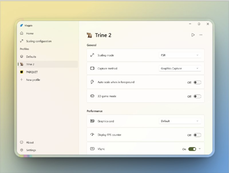 🔖 Magpie | Windows 实时窗口超分神器，让画质瞬间清晰　Magpie 是一款专为 Windows 10/11 设计的实时窗口超分工具，集成多种高质算法，如 FSR、Anime4K、CuNNy2、NNEDI3、DualCRT 等，可将任意窗口化游戏或应用 即时无缝放大至高分辨率；还支持 一键快键呼出、帧率显示、截图功能，并提供灵活的 托盘控制面板、自定义配置文件与 触控支持，极具操作性能　玩游戏卡画质？执着高清控？Magpie 帮您把画面搞清晰、帧率搞高！🐙 Magpie | 📃 Releases下载标签：#Magpie #窗口超分 #画质增强 #画质优化 #画质提升 #Windows #分辨率提升📮 频道 | 🪧 群聊 | ✨ 中文包