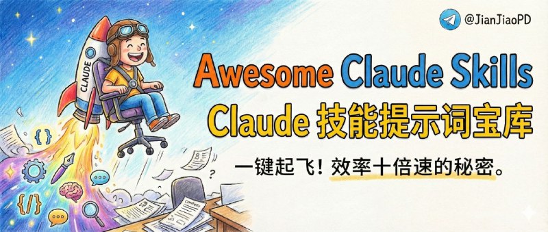 ✈️ Awesome Claude Skills | 把 Claude 变成“可复用工作流”：一站收齐各种技能提示词模板🏷 检索标签：#AwesomeClaudeSkills #Claude #AI #工作流 #提示词⭐️ 详情介绍：很多人用 Claude 的问题不是不会问，而是“每次都从零写一遍”，Awesome Claude Skills 这类清单的价值就在于把常用流程沉淀成可复用的 Skills，让 Claude 按你的规矩稳定跑，省掉重复调教的时间　它按文档处理、开发工具、数据分析、营销沟通、创意媒体、组织协作等方向做了分类，Claude.ai、Claude Code、API 用户都能直接挑自己那一类抄作业开干　📖 awesome-claude-skills😌频道 |🙂群聊 |😋中文包 |☺️搜索