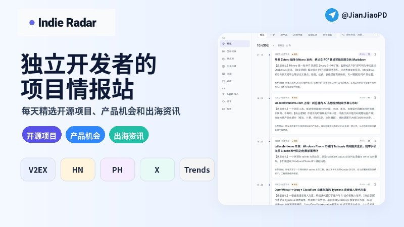 📖 开发者自荐 | Indie Radar：每天挖掘开源项目与出海机会，自动去重筛选高价值信息，GitHub 每日归档   ✏️ 做独立开发或出海项目，每天刷 X、Hacker News 和各种论坛，信息不少，但真正值得看的内容却很容易被淹没   👺 Indie Radar 是一个面向独立开发者的情报站，聚合V2ex、 Show HN、Product Hunt、Trends 等一手信息，每天精选值得关注的开源项目、产品机会和真实变现案例，减少刷论坛、找项目时的信息干扰   ♾ 不同于普通资讯聚合站，它会通过 AI 语义去重合并重复话题，再根据商业模式可验证度、开源成熟度等指标进行多维评分，过滤部分营销内容，并保留原始来源，方便核实和后续了解   📁 网站提供每日精选、热点榜和出海日报，支持 RSS、API、MCP 接入