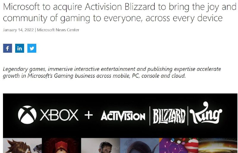 微软宣布以687亿美元收购动视暴雪     美国当地时间周二早晨，互联网巨头微软发表官方声明称，将以每股95美元的价格收购游戏巨头动视暴雪，交易价值达到687亿美元😱😱，这也是微软有史以来交易价格最高的收购