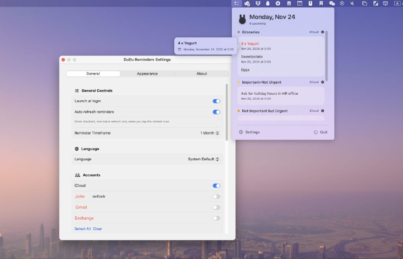 ✈️ 限免内购应用 | DuDuReminder：1MB 的菜单栏提醒工具•多列表拖拽管理，iCloud/Outlook 都能同步🏷 检索标签：#DuDuReminder #菜单栏 #待办提醒 #限免⭐️ 详情介绍：待办这东西最怕“记了但不看”，DuDuReminder 走的就是最省事的路：常驻菜单栏，点一下就把所有待办摊开，支持多列表切换、编辑、拖拽整理，日常改一条不需要开一个沉重的任务管理器；同步也很实在，iCloud/Exchange/Outlook 多账号都能接上，体积才 1MB，还强调无数据收集、无服务器后端，属于那种装上就安静干活的类型　 ☁️限免有时效性请注意时间☁️在购买界面中没有显示金额，说明就是免费的🎮设备需装有 macOS 13或更高版本[🤔2026 年 1 月 8 日前限时终身免费]🔎官网 · 🍏 App Store😌频道 |🙂群聊 |😊中文包 |☺️搜索