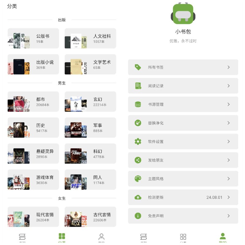 📔 小书包 ▎基于开源阅读APP二次开发的新版本·界面UI美化「内置海量小说源」🗣️👥【支持平台】：#Android  📱【应用标签】：#小书包 #阅读 #书源📊【应用版本】：24.0.81👥【应用内存】：38.65MB💻【软件简介】： 基于开源阅读二次开发的，外观上比阅读更漂亮，用起来更轻松方便，会自动推送书源，不用手动去找，方便很多