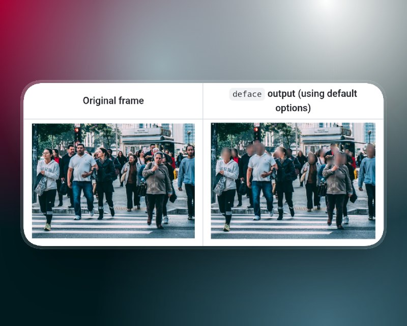 📣 deface | 自动人脸打码 视频照片人脸一键模糊化的开源隐私处理工具🖼 标签：#deface #人脸打码 #马赛克 #人脸识别 # #视频📱 简介：deface 它能自动识别视频或照片中的所有人脸，并提供 一键匿名化处理，彻底摆脱逐帧调整的折磨