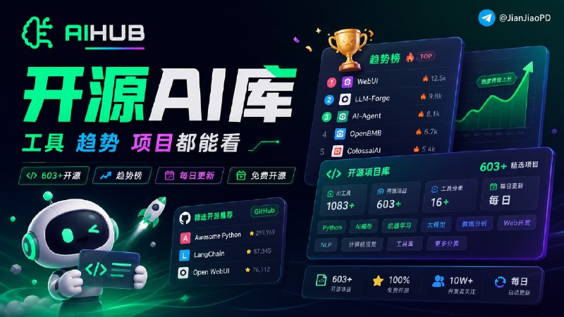 ✈️ 开发者自荐 | AIHub：收录 1000 多个 AI 工具，还能看开源项目和趋势榜🏷 检索标签：#AIHub #AI工具 #AI导航 #AI #AI资讯⭐️ 详情介绍：AIHub 是一个开源免费的 AI 工具导航站，适合找新 AI 服务、比对同类产品、顺带看行业更新内容