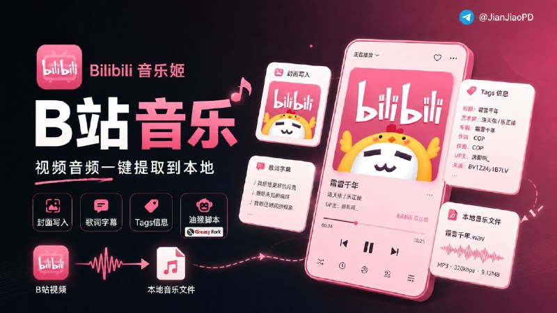 ✈️ Bilibili 音乐姬 | 油猴脚本•从 B 站视频提取音频，并写入封面、Tags、歌词等信息🏷 检索标签：#Bilibili音乐姬 #Bilibili #哔哩哔哩  #插件 #脚本 #油猴脚本 #音乐下载 #音乐⭐️ 详情介绍：Bilibili 音乐姬是一个专门给 B 站视频用的油猴脚本，遇到想单独留下来的音乐，可以直接从视频页提取音频  📥 它不只是把声音下载下来，还能把视频封面、Tags、歌词和字幕等信息一起写进音频文件   也可以选择 UP 主头像作为封面，后面放进本地播放器里会整齐不少　✂️ 脚本现在还带有歌词工作台和简单的音频裁剪，可以编辑、联网修正歌词，或者截掉视频前后不需要的部分💬 需要安装 Tampermonkey / Violentmonkey 用户脚本扩展才能用哦🥸 油猴脚本 · 💻 GitHub😌频道 |🙂群聊 |😋中文包 |☺️搜索