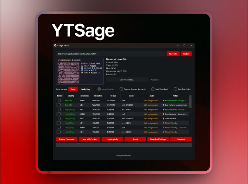 👥 YTSage | 开源跨平台 YouTube 下载器　YTSage 是一款支持 macOS / Windows / Linux 的开源 YouTube 下载工具，永久免费、无限制，功能强大