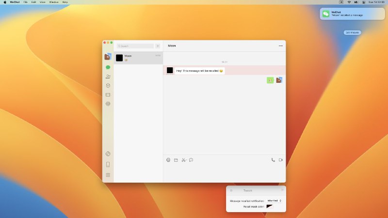 🍎 Mac OS ▎分享一款macOS 微信客户端的撤回拦截与多开插件🗣️👥【支持平台】：#Mac📱【应用标签】：#微信 #多开📊【应用版本】：1.5👥【应用内存】：179.KB💻【软件简介】：  WeChatTweak 是一款开源的 macOS 微信客户端小助手，Tweak 的功能就比较简单直接，主要包括防撤回、多开、免二次认证登录和消息处理增强