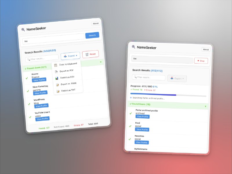 📣 NameSeeker | 一键搜索全网用户名与邮箱的跨平台工具🖼 标签：#NameSeeker #数字足迹 #用户名搜索📱 简介：NameSeeker 是一款强大的 跨平台桌面应用，可在 600+ 网站 中搜索 用户名与邮箱，帮助你快速发现自己的数字足迹