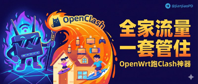 ✈️ OpenClash | 在OpenWrt上跑Clash的多协议客户端，用一套路由规则管住全家设备流量🏷 检索标签：#OpenClash #OpenWrt #Clash #软路由 #路由器代理⭐️ 详情介绍：OpenClash 是运行在 OpenWrt 上的 Clash 客户端，把代理和分流能力直接放到路由器层，适合想用 一套路由规则统一管理所有设备流量 的人，它支持 Shadowsocks、Vmess、Trojan、Socks5、HTTP(S)、Snell 等多协议，再配合 规则与策略组，可以把不同流量精细分发到不同出口，真正做到全家设备不用再单独折腾配置   🤔如果你不想这么麻烦，推荐闲鱼上很多商家100多块钱帮你刷好OpenWrt加Clash的服务 那样会省心一些📖 GitHub · 🪟 下载 · 🧰文档😌频道 |🙂群聊 |😋中文包 |☺️搜索