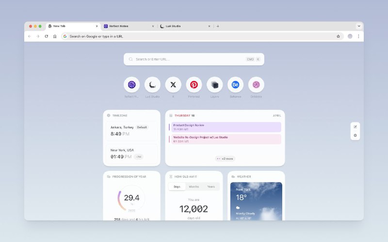 📱  Reflect New Tab ▎将 Google Chrome 的默认新标签页替换为漂亮的可定制小部件仪表板🗣️👥【支持平台】：#Web #PC #Chrome 📱【应用标签】：#扩展程序 #美化📊【应用版本】：1.0.3👥【应用内存】：698KB💻【软件简介】： Chrome 扩展“Reflect New Tab”，漂亮的小组件仪表板取代了默认的新标签屏幕