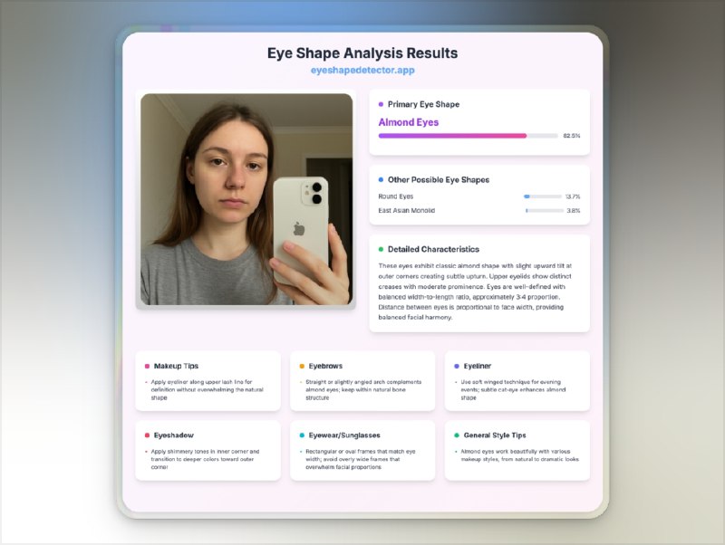 📣 Eye Shape Detector | AI 智能眼型识别与专属美妆建议🖼 标签：#EyeShapeDetector #AI识别 #眼型分析 #美妆 #长相 #五官分析 #造型设计📱 简介：Eye Shape Detector 是一个基于 AI 人工智能识别 的在线眼型分析工具，只需上传一张眼部照片，即可自动识别眼型并提供针对性的美妆与造型建议