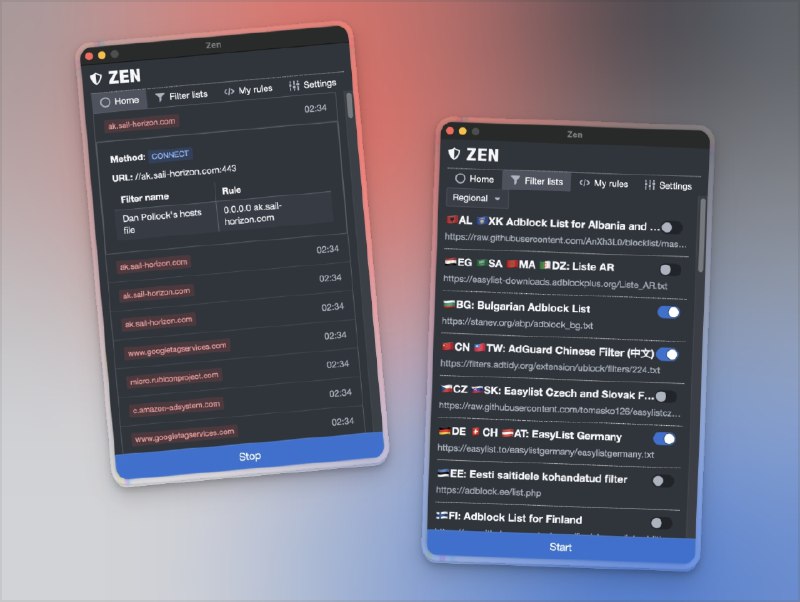 📣 Zen | 开源系统级广告与隐私保护工具，全平台拦截一切追踪🖼 标签：#Zen #广告拦截 #去广告 #隐私保护 #系统代理 #跟踪器 #插件📱 简介：Zen 是一款强大的 系统级隐私防护与广告拦截工具，不同于传统的浏览器插件，它可通过 系统代理 拦截所有 HTTP/HTTPS 请求，在 Windows、macOS、Linux 各平台实现真正的全方位保护　它内置 EasyList 等多种过滤规则，并支持 自定义 hosts 文件，可精准阻止广告、跟踪脚本与潜在恶意请求