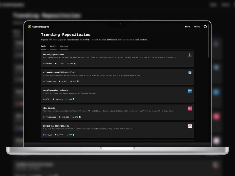 🔖 TTrendingrepos | GitHub 趋势增强版，热门项目一网打尽　逛 GitHub Trending 看得不过瘾？那你得试试 TTrendingrepos！这是一个功能更强、体验更爽的 GitHub 趋势聚合页面，支持查看日榜、周榜、月榜，自动按星标数排序，让你不错过任何一个爆火项目，界面清爽，速度飞快