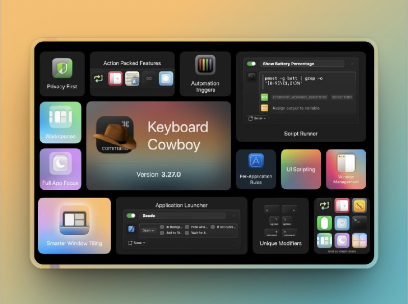 🔖 Keyboard Cowboy | macOS 的终极自动化神器　Keyboard Cowboy 是专为 macOS 打造的强大 键盘自动化工具，通过自定义快捷键实现一系列重复任务的自动化操作，比如 启动应用程序、管理文件、控制窗口布局、甚至 执行脚本和快捷指令