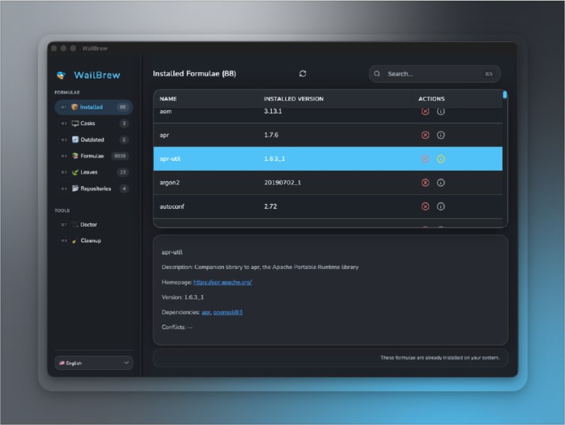 📣 WailBrew | 给 Homebrew 装上“图形界面”的可视化神器🖼 标签：#WailBrew #Homebrew #Mac #命令行 #命令行可视化📱 简介：每次在终端输入 Homebrew 命令都头大？WailBrew 来救你