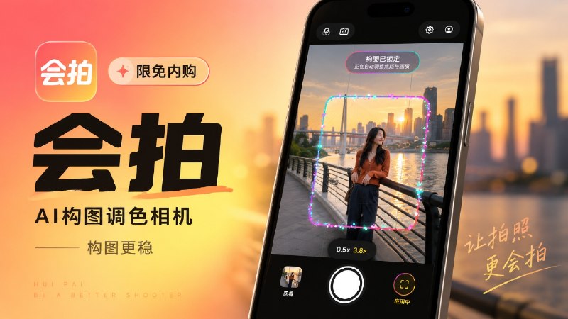 ✈️ 限免内购应用 | 会拍 AI构图调色相机：用 AI 帮你调整照片构图和色彩🏷 检索标签：#会拍 #AI相机 #修图 #AI构图 #摄影 #图片 #相机⭐️ 详情介绍：会拍是一款 AI 构图调色相机，帮助你优化照片的 构图和色彩 表现，它支持 智能调色 和 AI 构图优化