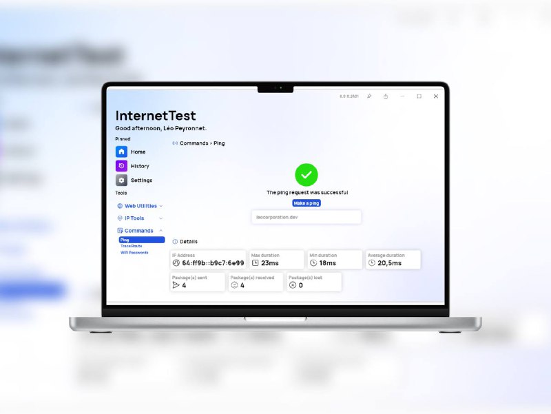 InternetTest | 免费开源的全能网络检测工具专为解决网络连接问题、优化诊断效率而设计🔘DownDetector：输入网站地址就可以轻松检测网站的可用性和网络延迟信息🔘IP 定位：输入任意 IP 或域名，即可获取其所属国家、城市、ISP 运营商及经纬度坐标，并在地图上直观标记位置 （需一定网络条件才能打开地图）🔘WiFi 密码：会自动列出所有历史连接 WiFi 的 SSID，点击即可显示明文密码，支持通过二维码快速分享🐙 项目地址平台：#Github标签：#网络测速 #网络检测 #网络优化 #系统优化📣 频道  🐱 群聊  📦 汉化包