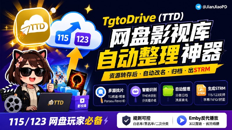 ✈️ TgtoDrive (TTD) | 115 / 123 资源转存后整理成网盘影视库，可自动改名、归档、出 STRM🏷 检索标签：#TgtoDrive #TTD #115网盘 #123云盘 #STRM #Emby⭐️ 详情介绍：TgtoDrive (TTD) 是原 Tgto123项目，给 115 / 123 网盘影视库玩家用的，主打资源转存后的整理