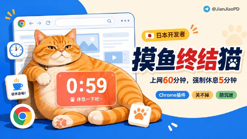 ✈️ Cat Gatekeeper | 连续上网 60 分钟就被猫拦下强制你休息 5 分钟🏷 检索标签：#CatGatekeeper #插件 #扩展程序 #休息提醒 #久坐提醒 #提醒⭐️ 详情介绍：Cat Gatekeeper 是一个 Chrome 插件，连续浏览网页满 60 分钟 后，会弹出一只猫挡住页面，强制休息 5 分钟　 它的玩法很简单，不靠复杂设置，也不假装帮你管理时间，就是用一只猫把休息变成硬暂停✅ Cat Gatekeeper·扩展程序😌频道 |🙂群聊 |😋中文包 |☺️搜索