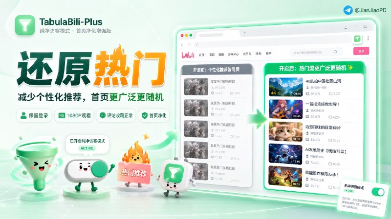 ✈️ TabulaBili-Plus | 减少B站针对用户个性化推荐算法，让首页内容变得更广泛、更随机🏷 检索标签：#TabulaBiliPlus #B站 #Bilibili #个性化推荐 #扩展程序 #插件⭐️ 详情介绍：TabulaBili-Plus (初见哔哩增强版) 基于TabulaBili原项目二次开发的 B 站首页推荐扩展插件，适合想登录账号看 1080P+、评论收藏，但不想首页一直跟着浏览记录推荐过多的同质化内容   它只处理首页推荐请求，把推荐请求里的账号识别信息去掉，让首页更接近大众热门流，同时播放页、点赞、收藏、历史记录不会受影响　Plus 版相较原版修复了这几个易出问题的地方：  ➡️域名匹配更窄，避免误伤非 B 站页面  ➡️首页前 10 个个性化视频会自动替换  ➡️弹窗文字、开关状态和 UI 重叠也做了修正🔎 Chrome扩展 · 🔎FireFox扩展📖 GitHub [二开作者の博客]📜 相关阅读：原项目开发：王导导🔘 TabulaBili (初见哔哩)减少基于账号登录态和浏览历史的个性化推荐😌频道 |🙂群聊 |😋中文包 |☺️搜索