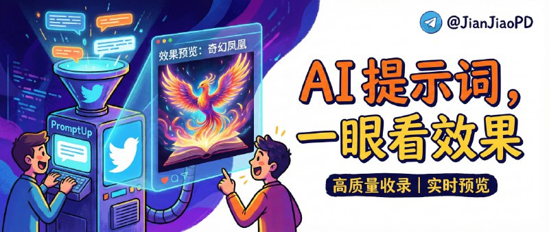 ✈️ PromptUp | 把 Twitter 上高质量 AI 提示词集中收录，还能直接看效果预览🏷 检索标签：#PromptUp #提示词 #Prompt #AI #AI提示词⭐️ 详情介绍：PromptUp 是个 AI 提示词收集分享站，把 Twitter 上一批作者长期发的好 prompt 系统化收进同一处，并提供 最终效果预览，适合不想天天翻时间线但又想稳定“抄到能用”的人，用起来最顺的是它的检索逻辑：按 作者/提示词类型分类，再用 最多点赞/最多收藏/最新发布 直接排序挑结果，维护也比较认真不太像那种一抓一堆的杂货铺🔎 PromptUp·官网😌频道 |🙂群聊 |😋中文包 |☺️搜索