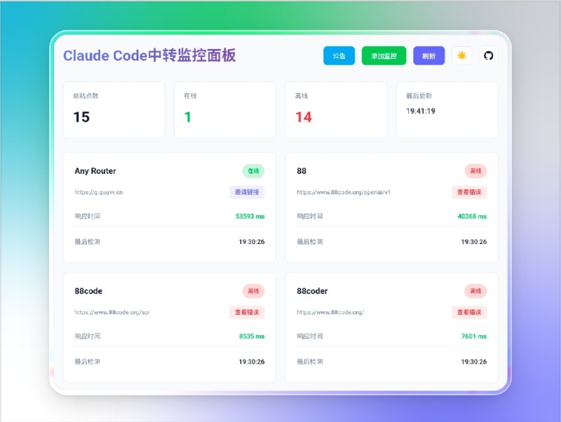 📣 Claude Code API 监控系统 | 实时检测公益站点连通性与响应速度🖼 标签：#ClaudeCode #API监控 #API📱 简介：Claude Code API 监控系统 是一个用于实时检测 Claude Code 公益站点连通性与响应性能 的全栈项目